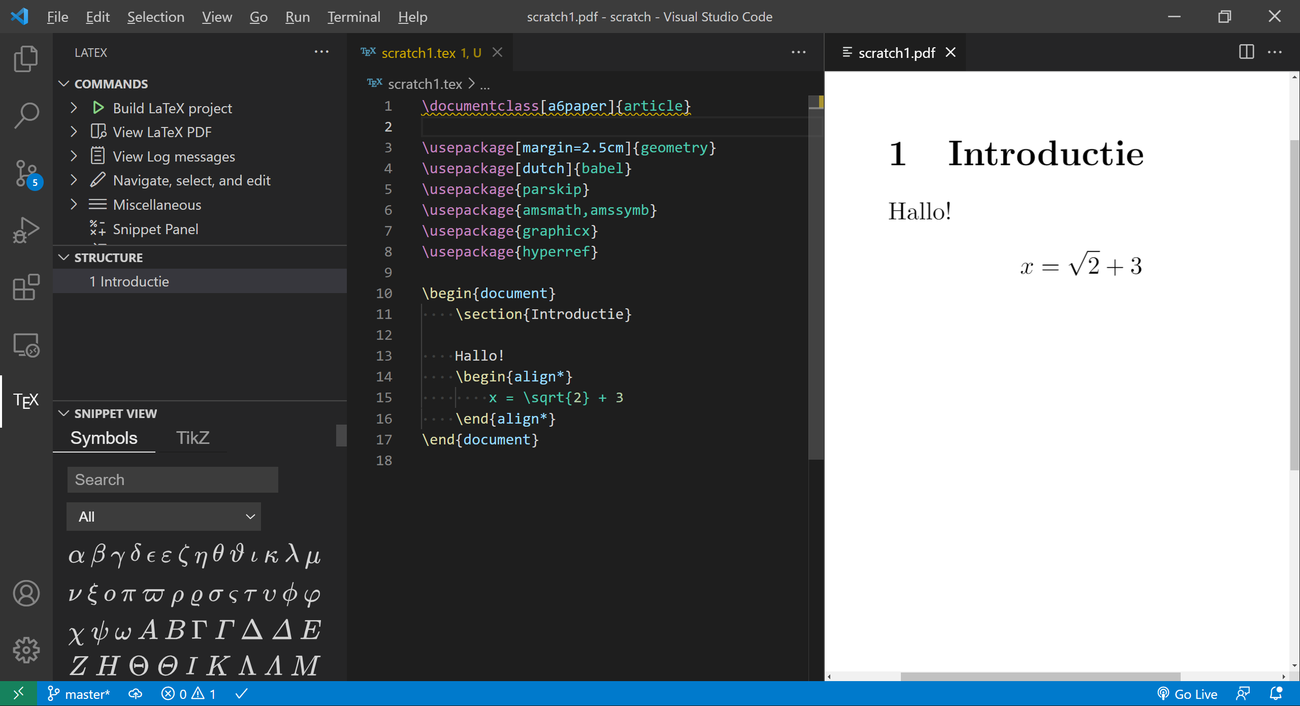 Screenshot of writing LaTeX in Visual Studio Code